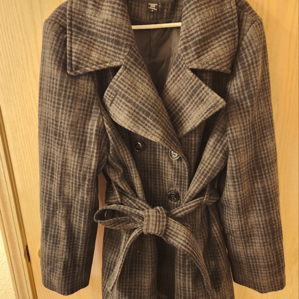 Women's Apostrophe Gray Plaid Wool Double-Breasted Peacoat, Petite 2X